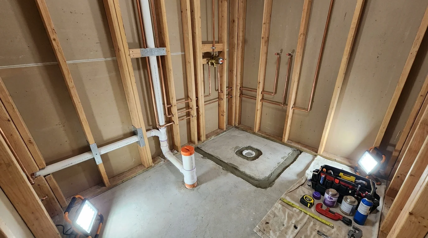 Bathroom rough-in plumbing during remodel by Johns Plumbing LLC in North Pole