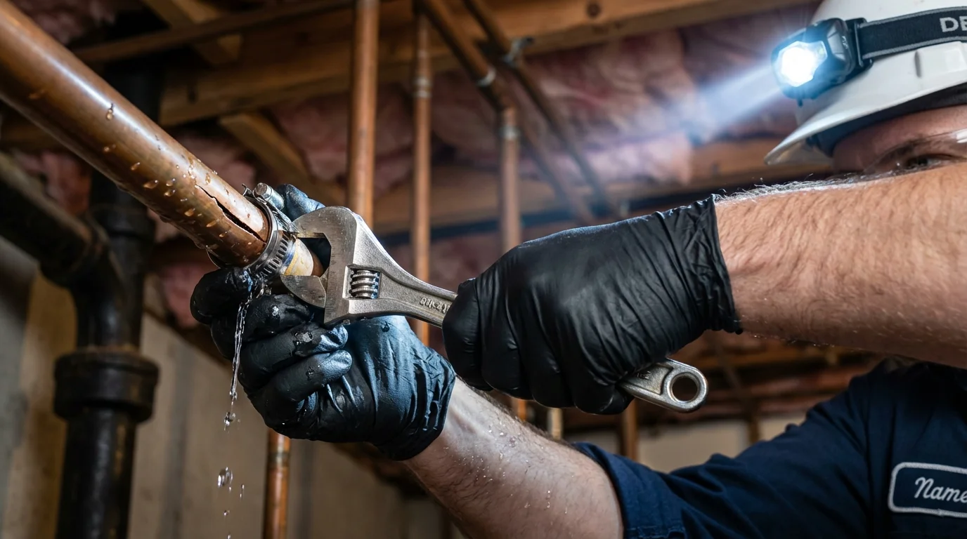Emergency pipe clamp repair being performed by a Johns Plumbing LLC plumber in North Pole
