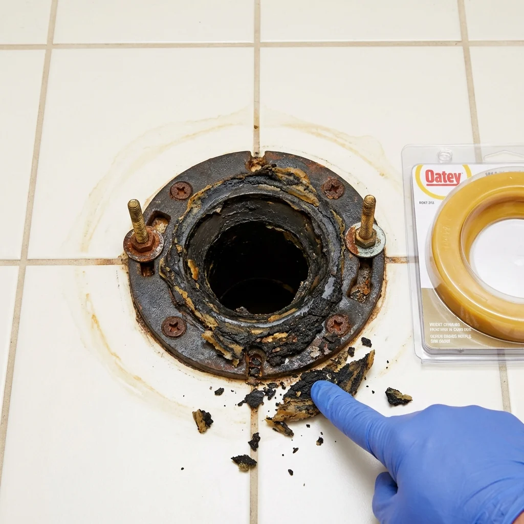 Failed wax ring showing water seepage at the base of a toilet in a North Pole, AK home