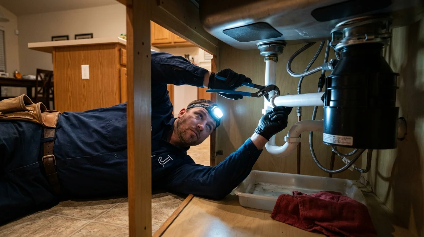 P-trap and supply line connections under a kitchen sink showing a common leak point in North Pole, AK